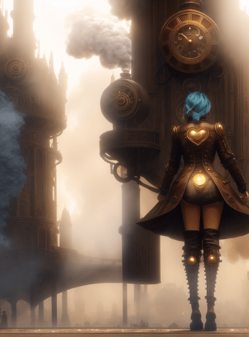 woman, clock tower, steampunk city