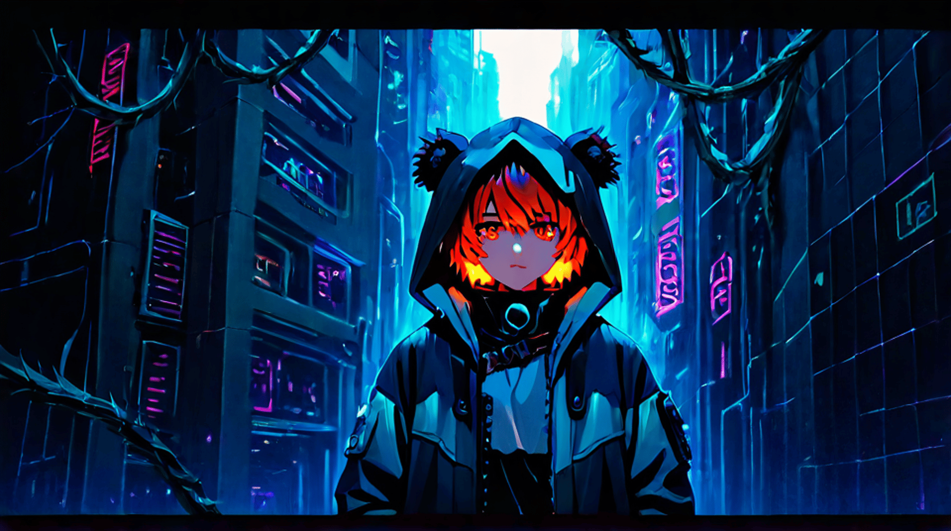 AI generated wallpaper featuring cyberpunk, character, city