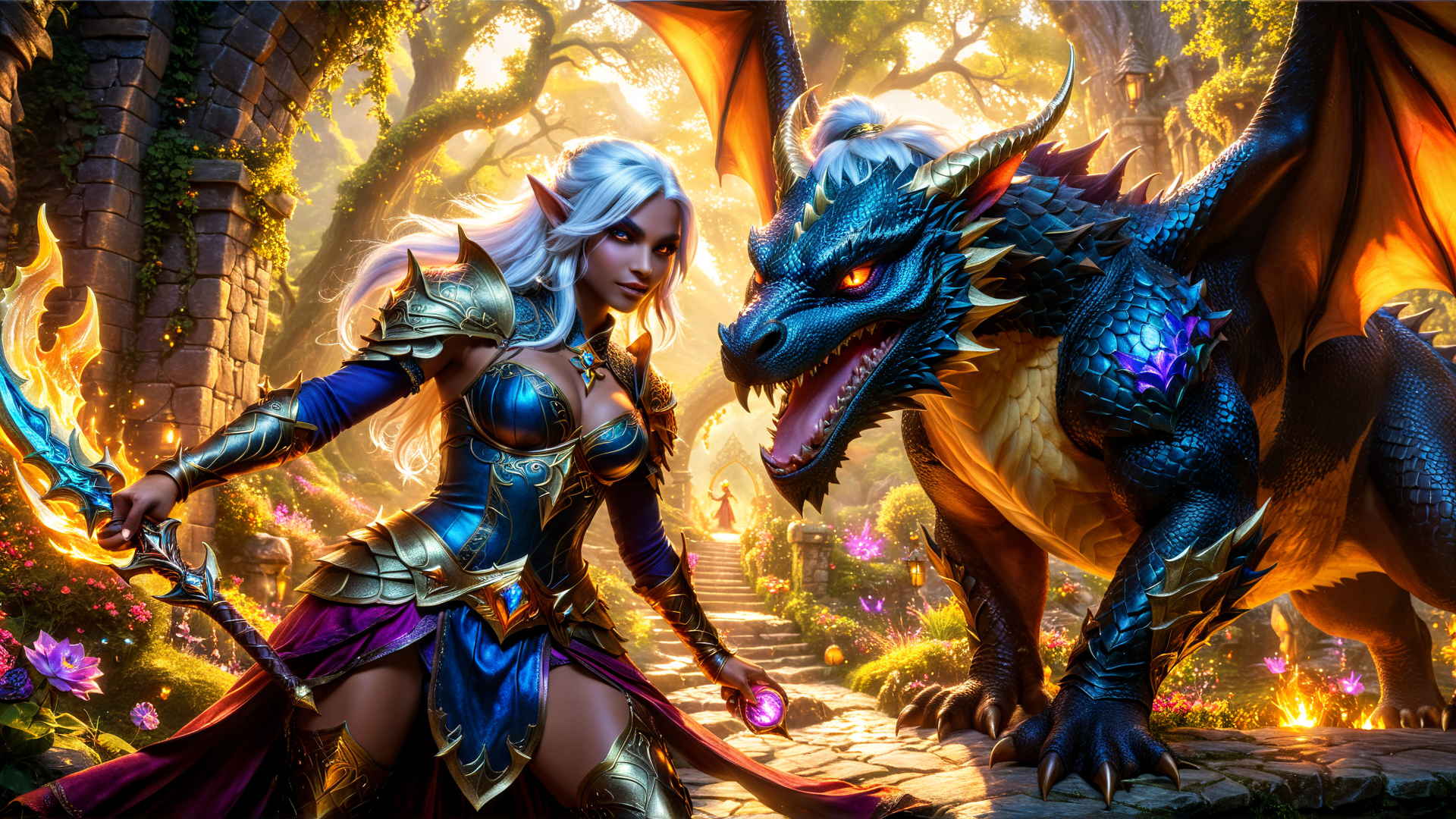 AI generated wallpaper featuring elf, dragon, sword, castle, flower, armor, magic, garden, torch, stone