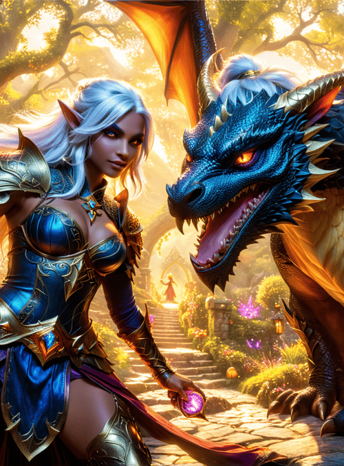 elf, dragon, sword, castle, flower, armor, magic, garden, torch, stone