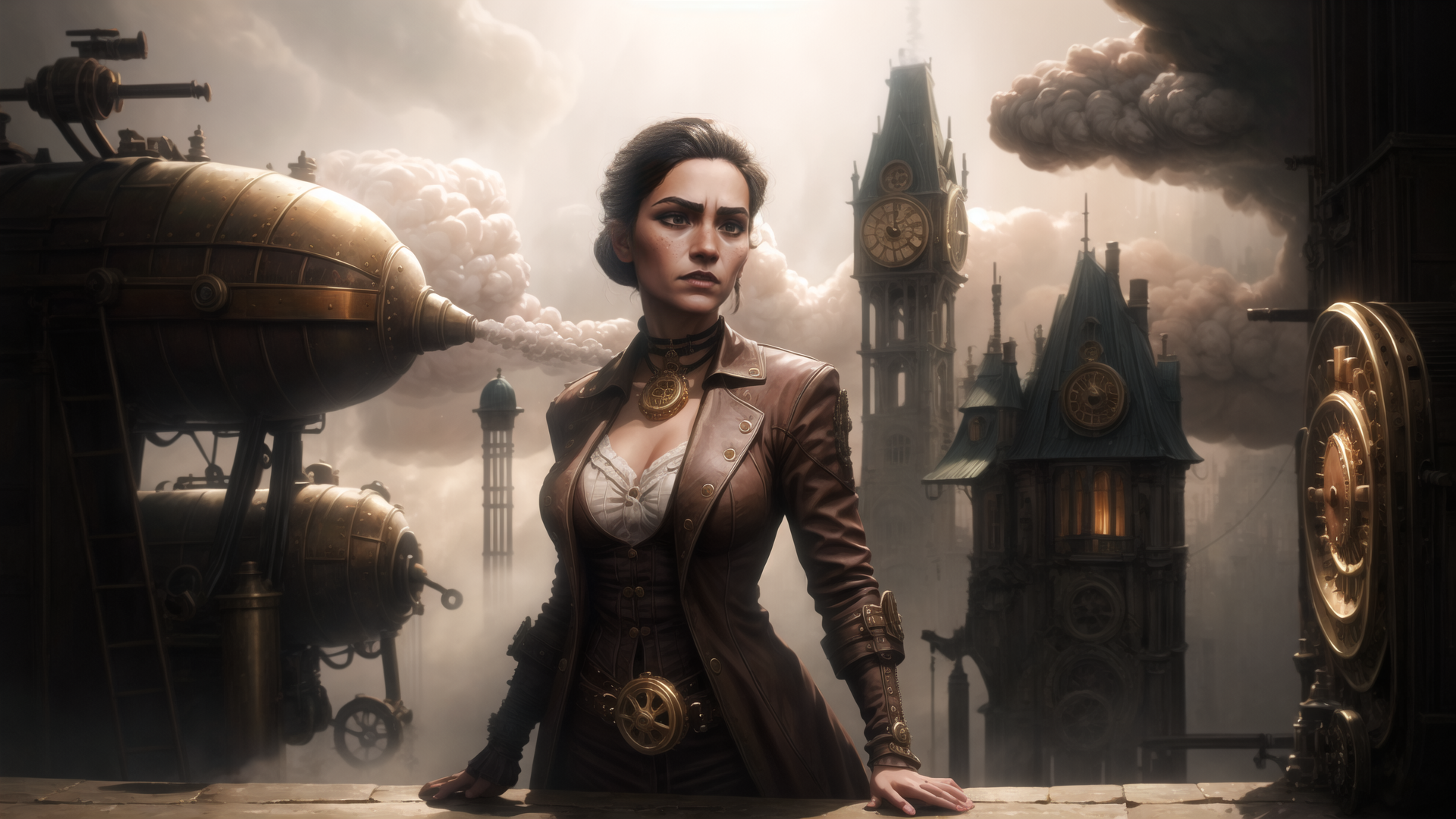 AI generated wallpaper featuring woman, steampunk, clock tower