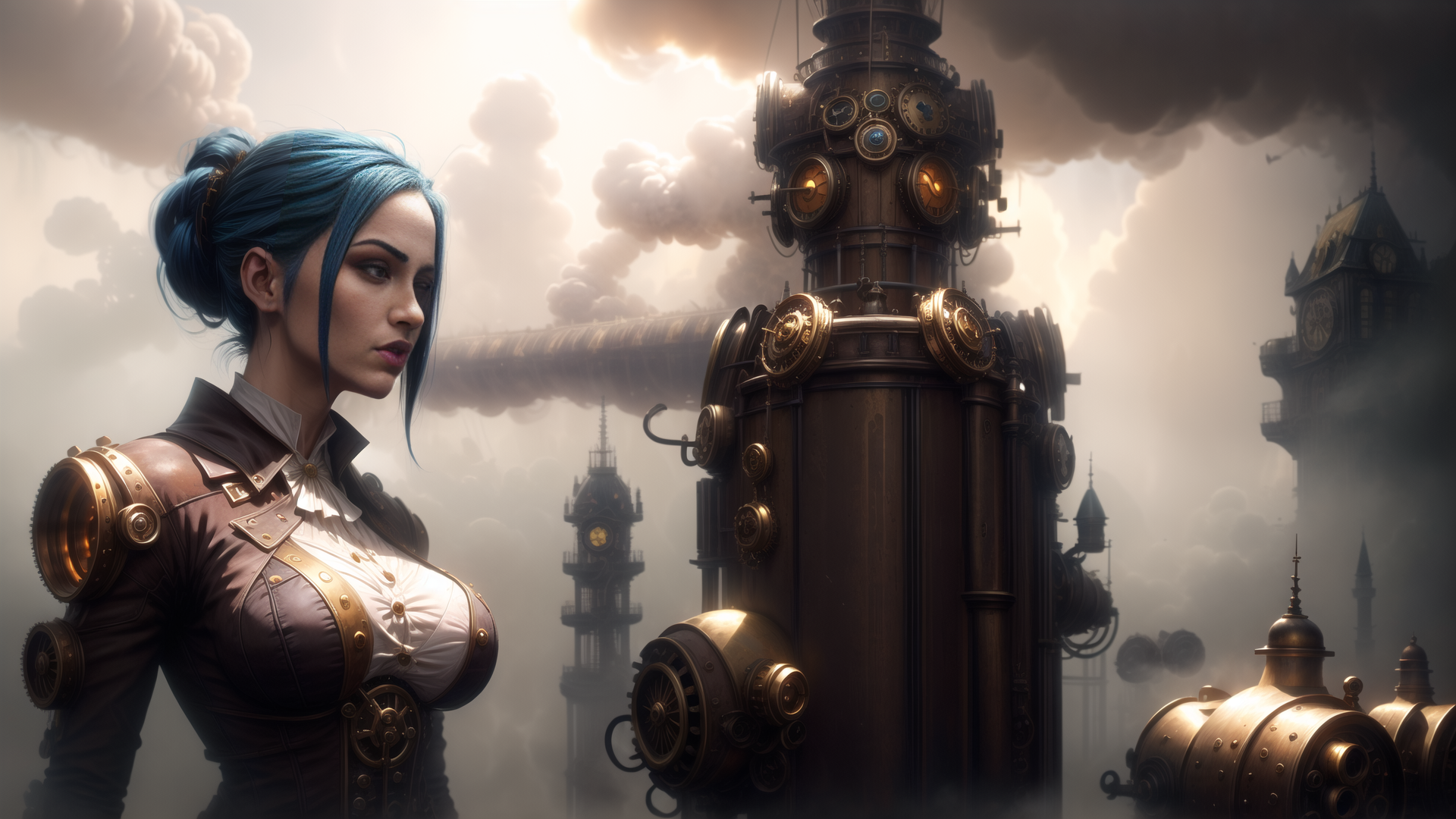 AI generated wallpaper featuring woman, steampunk tower, clock tower, cityscape, airship