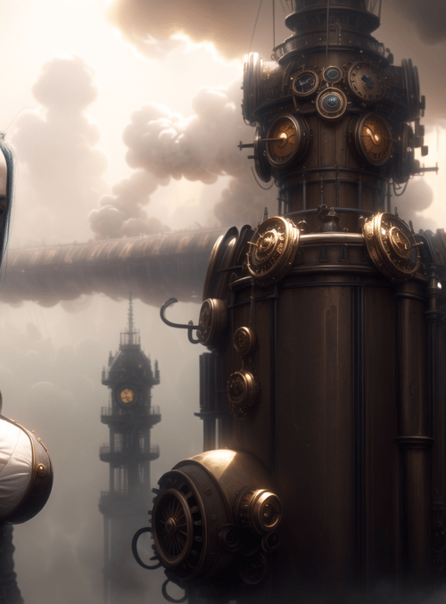 woman, steampunk tower, clock tower, cityscape, airship