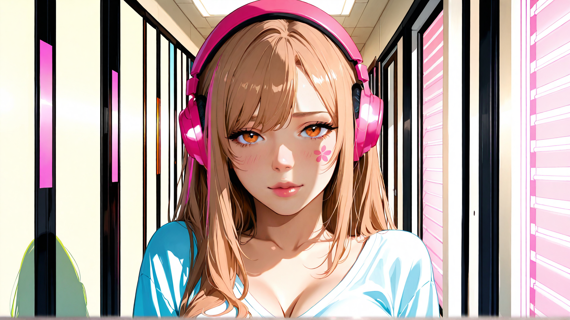 AI generated wallpaper featuring woman, headphones, blouse, corridor