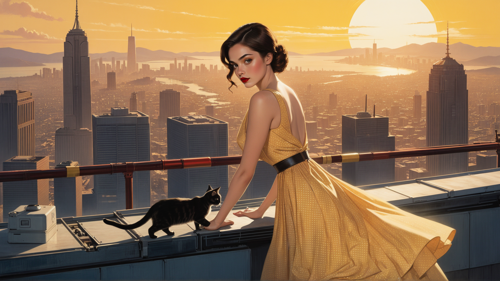 AI generated wallpaper featuring woman, cat, cityscape