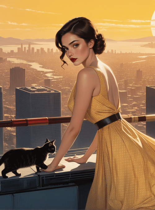 woman, cat, cityscape