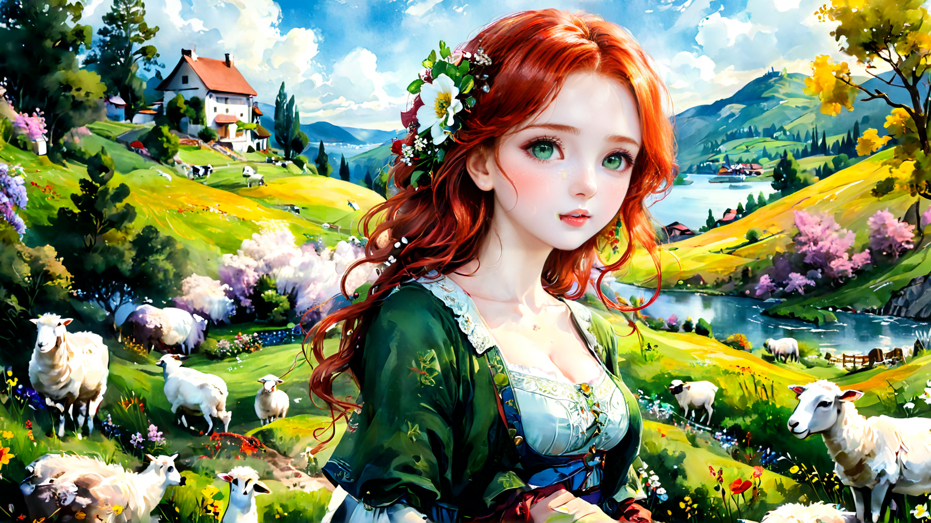 AI generated wallpaper featuring girl, sheep, landscape