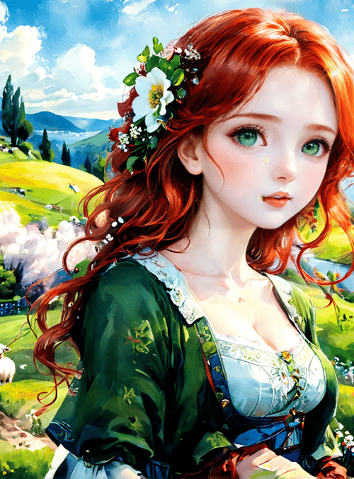 girl, sheep, landscape