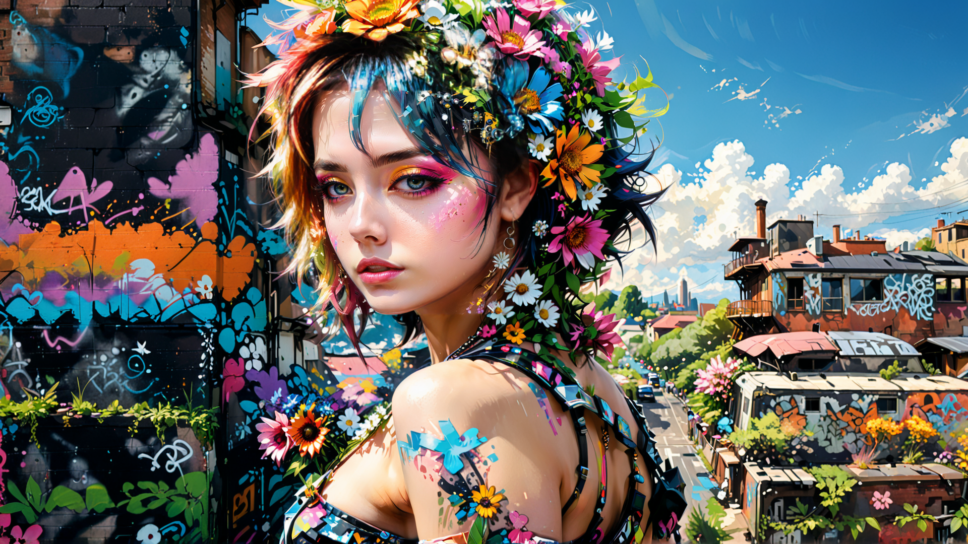 AI generated wallpaper featuring girl, flowers, graffiti