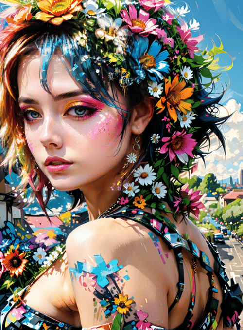 girl, flowers, graffiti