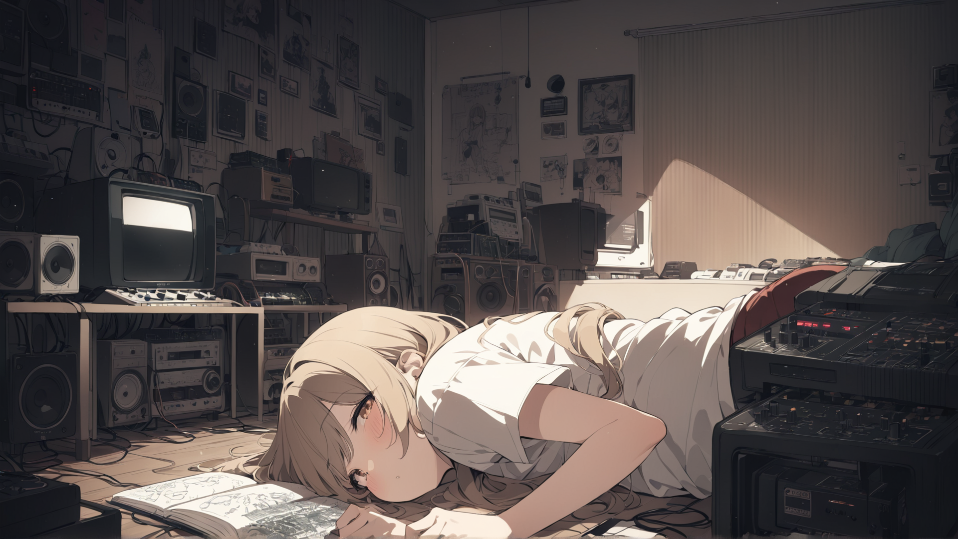 AI generated wallpaper featuring girl, analog equipment, book