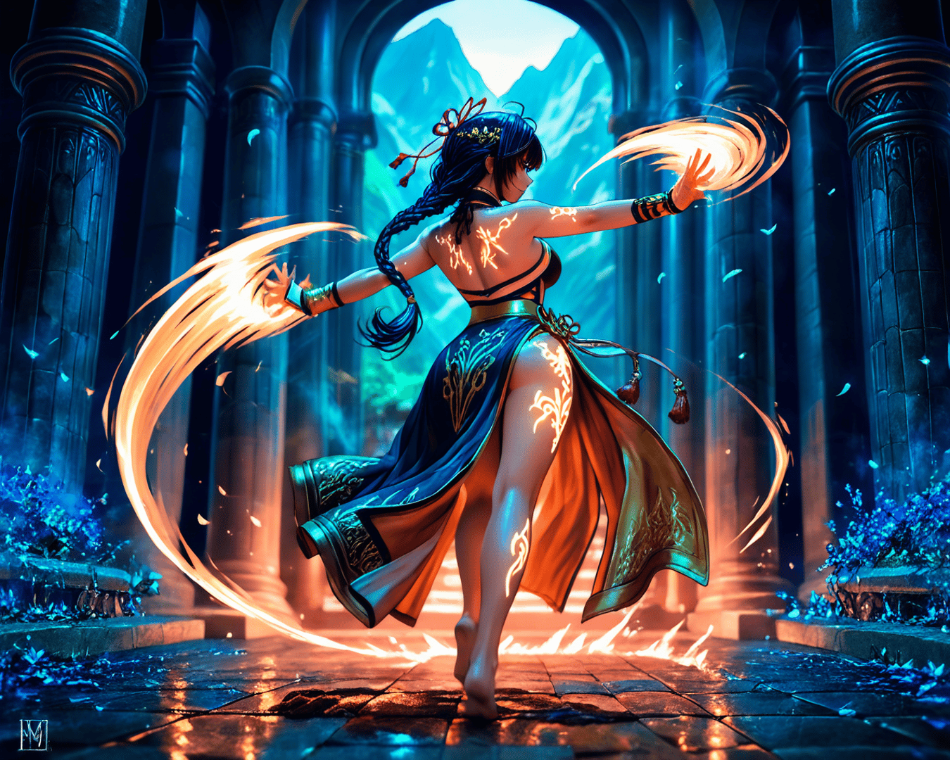AI generated wallpaper featuring woman, fire, ancient