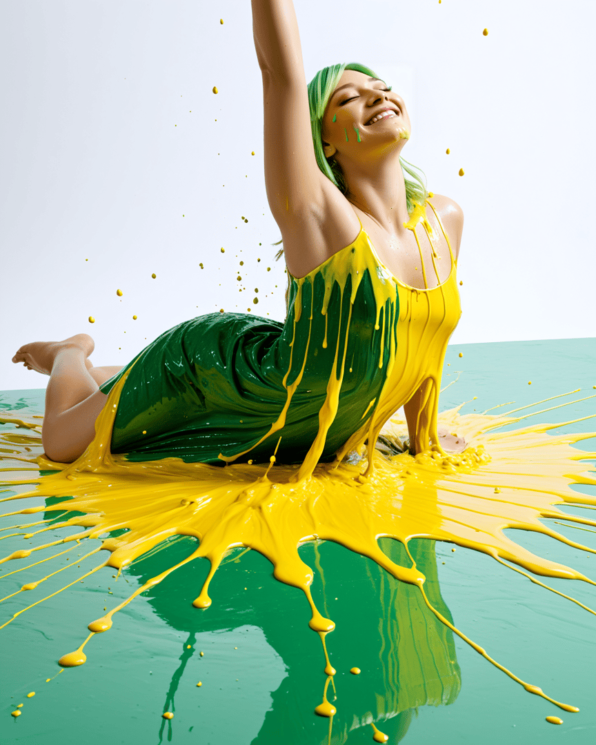 AI generated wallpaper featuring woman, paint, dress, splat
