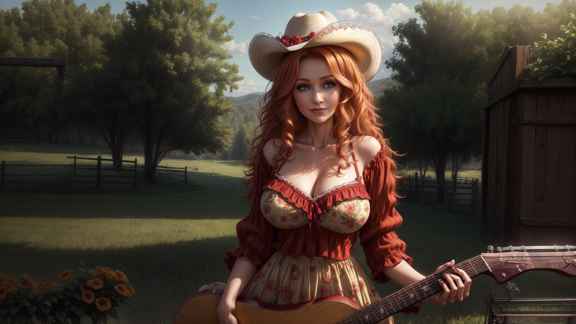 AI generated wallpaper featuring cowgirl, guitar, sunflowers
