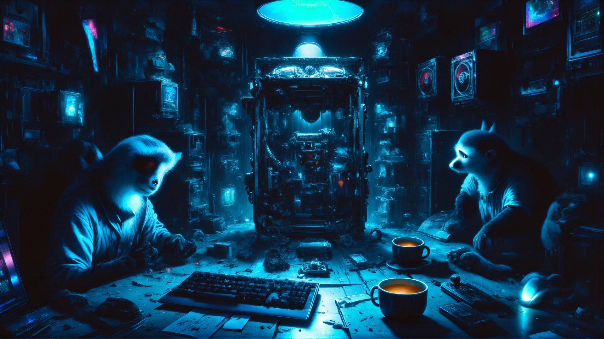 AI generated wallpaper featuring monkey, animal, machine, table, cup, keyboard, screen, room, monitor, light