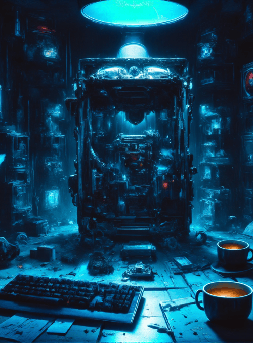 monkey, animal, machine, table, cup, keyboard, screen, room, monitor, light