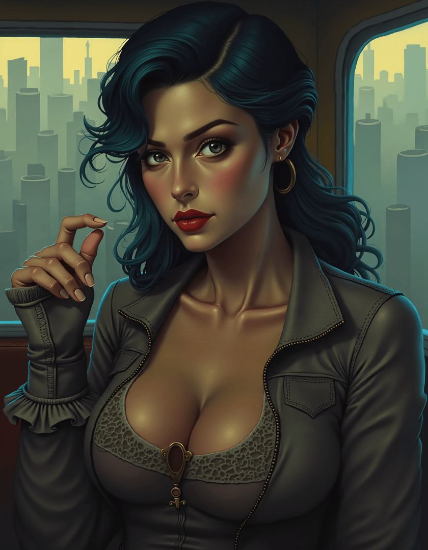 AI generated wallpaper featuring woman, cityscape, leather jacket, lace bra, gold hoop earrings, window, urban, hair, hand, city