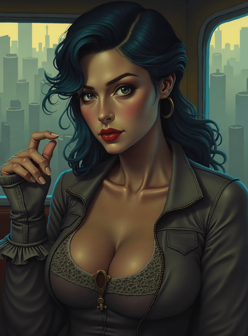 woman, cityscape, leather jacket, lace bra, gold hoop earrings, window, urban, hair, hand, city