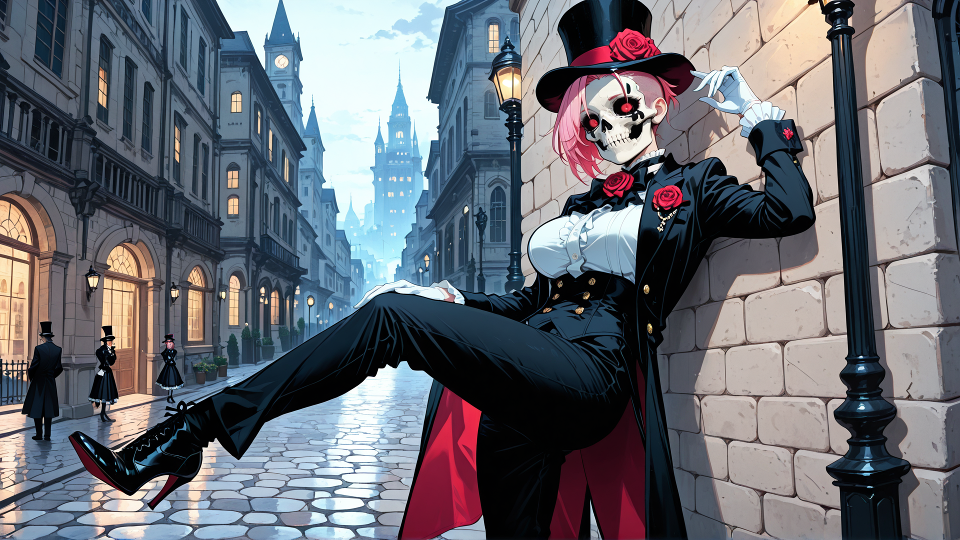 AI generated wallpaper featuring skull, skeleton, skeleton, gloves, hat, coat, street, city, buildings, roses