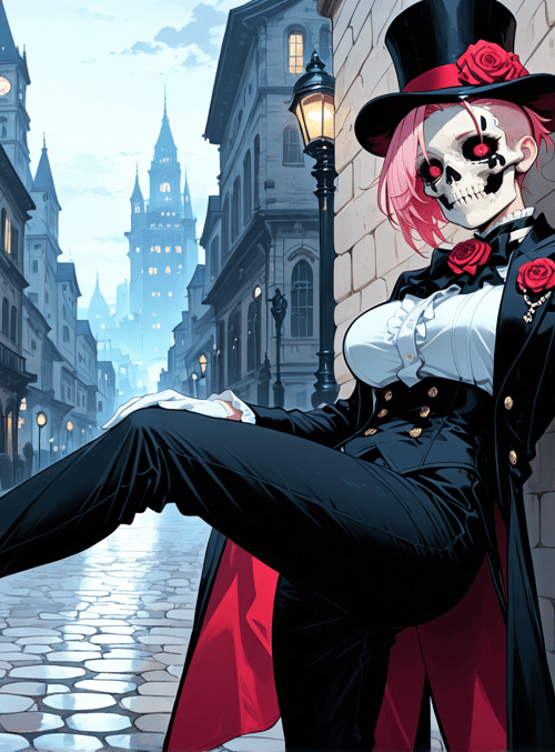 skull, skeleton, skeleton, gloves, hat, coat, street, city, buildings, roses