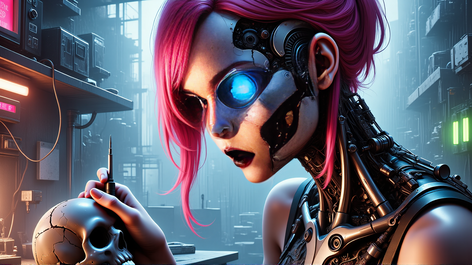 AI generated wallpaper featuring cyborg, skull, needle
