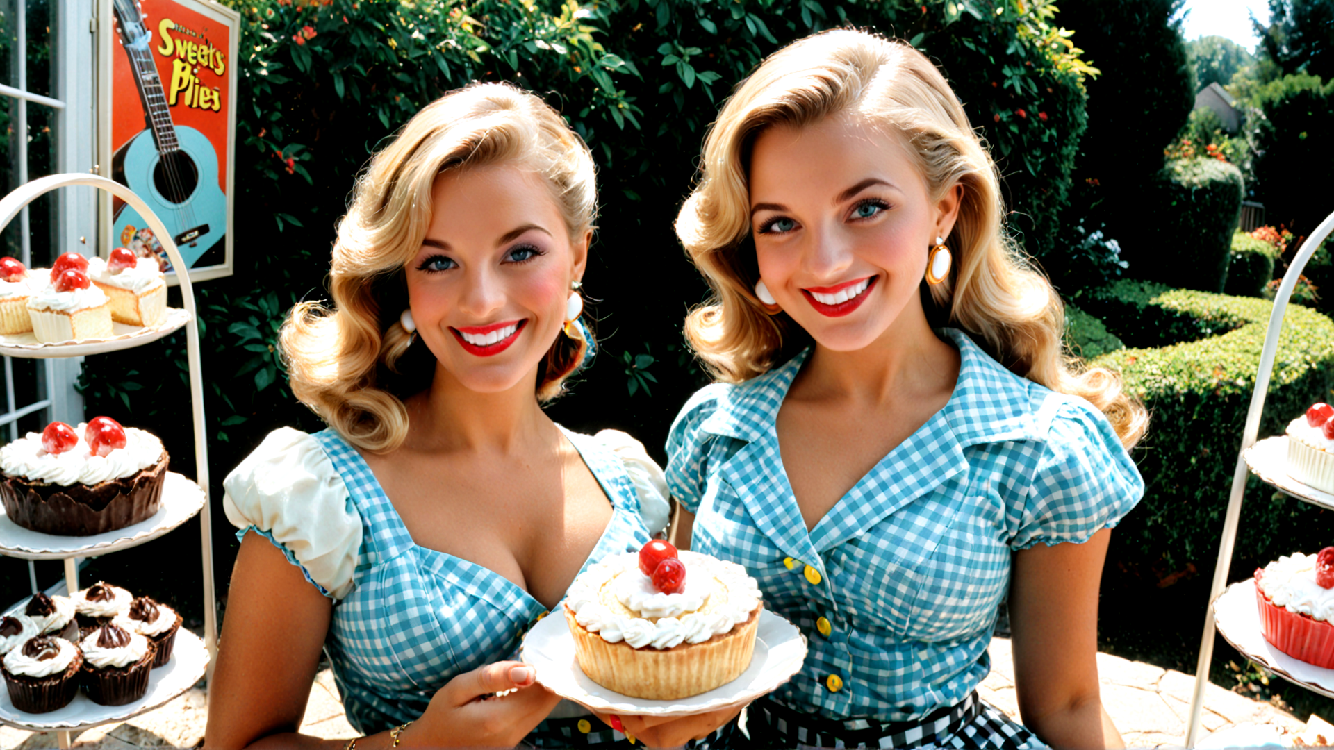 AI generated wallpaper featuring women, cupcakes, pies, gardens, bakeries, desserts, pastries, baker, pastel, retro