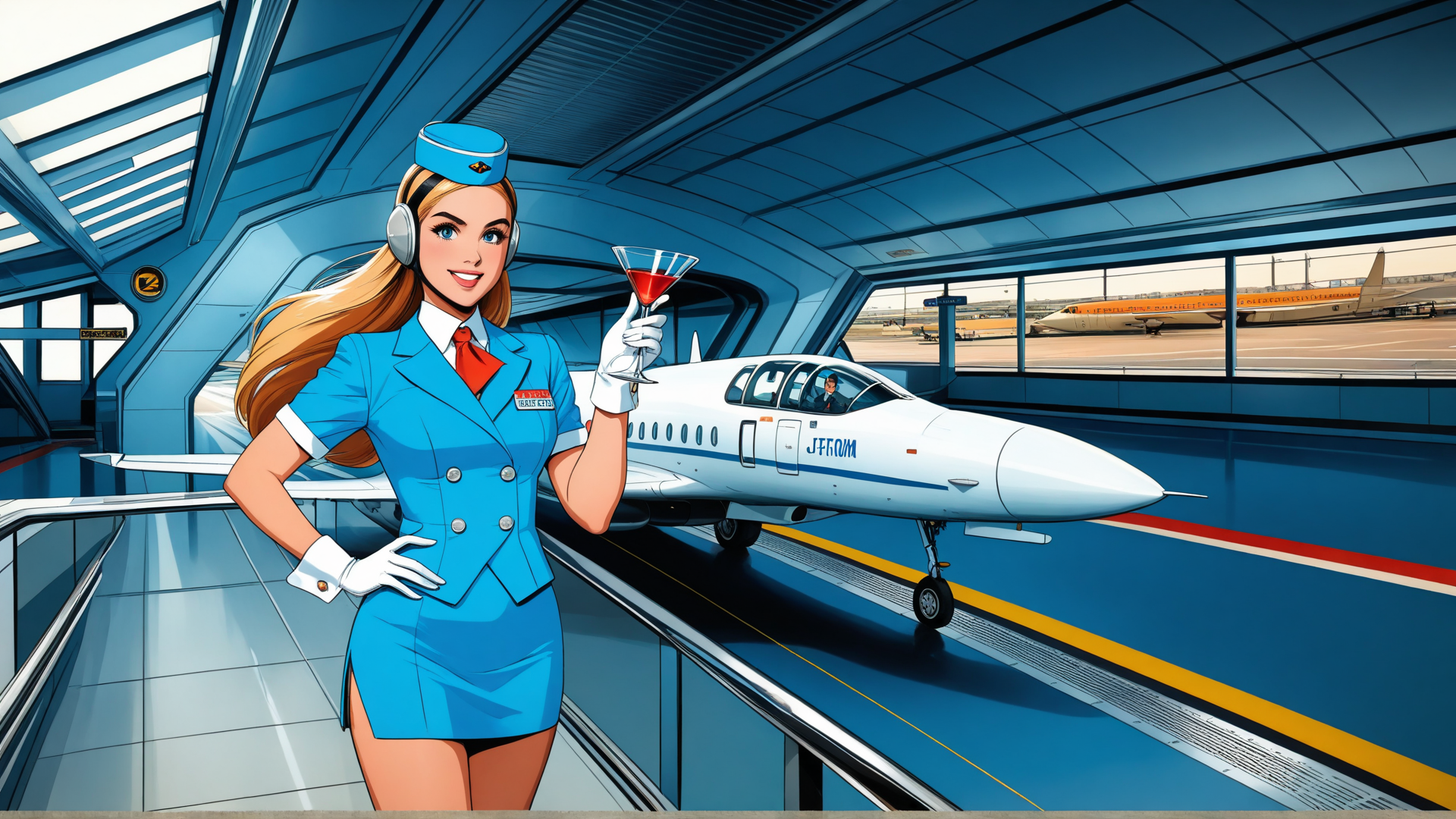 AI generated wallpaper featuring flight attendant, airplane, airport, glasses, uniform, cocktail, helmet, terminal
