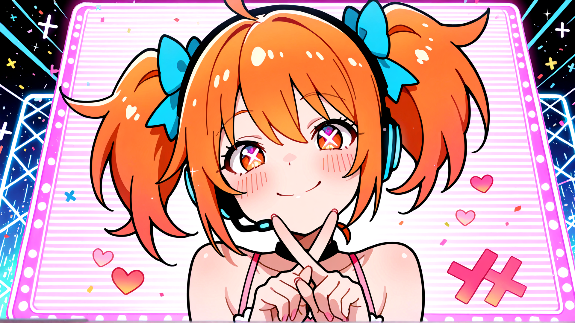 AI generated wallpaper featuring girl, anime, miko, headphones, bunny ears, ribbon, heart, hands, lips, cheeks