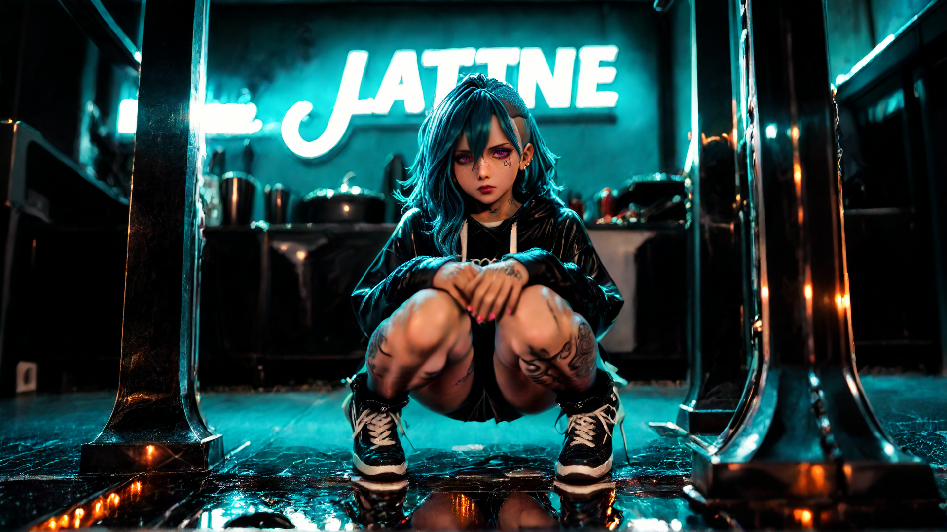 AI generated wallpaper featuring girl, cyberpunk, character