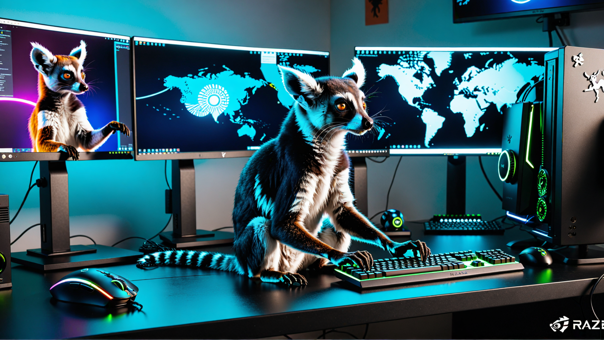 AI generated wallpaper featuring lemur, computer, monitor, keyboard, mouse, desk, gaming setup