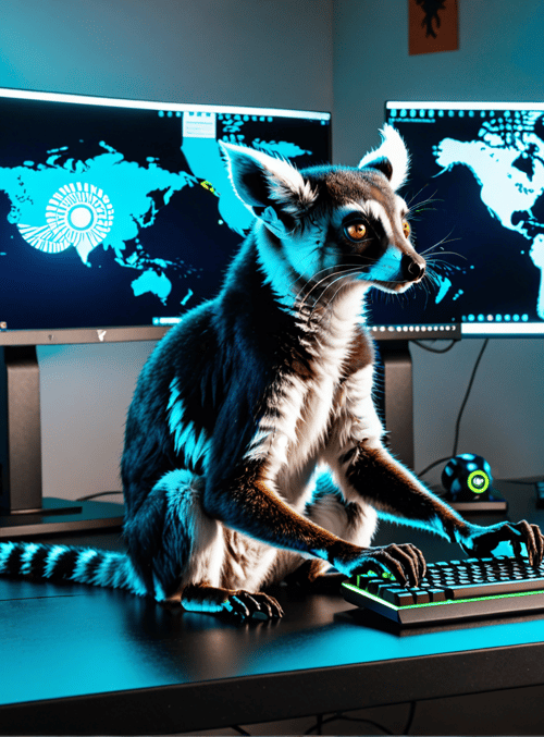 lemur, computer, monitor, keyboard, mouse, desk, gaming setup