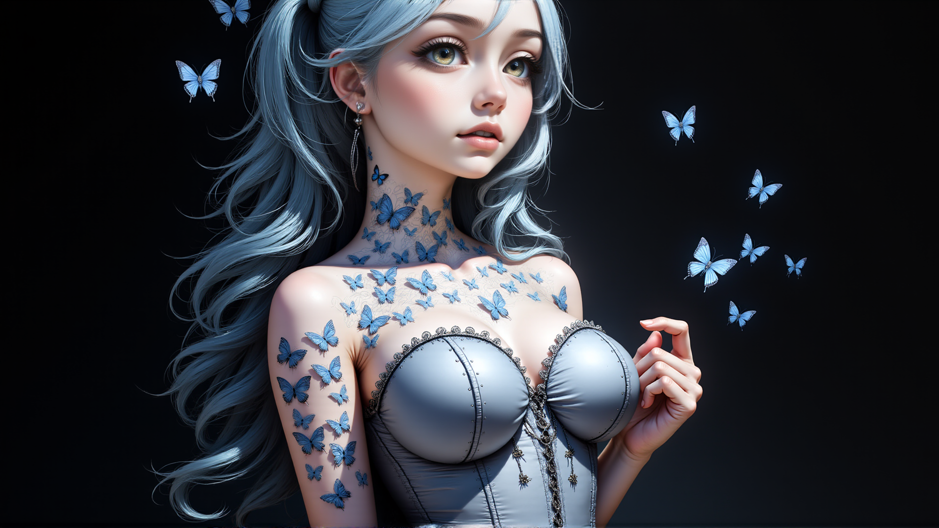 AI generated wallpaper featuring woman, butterfly, dress