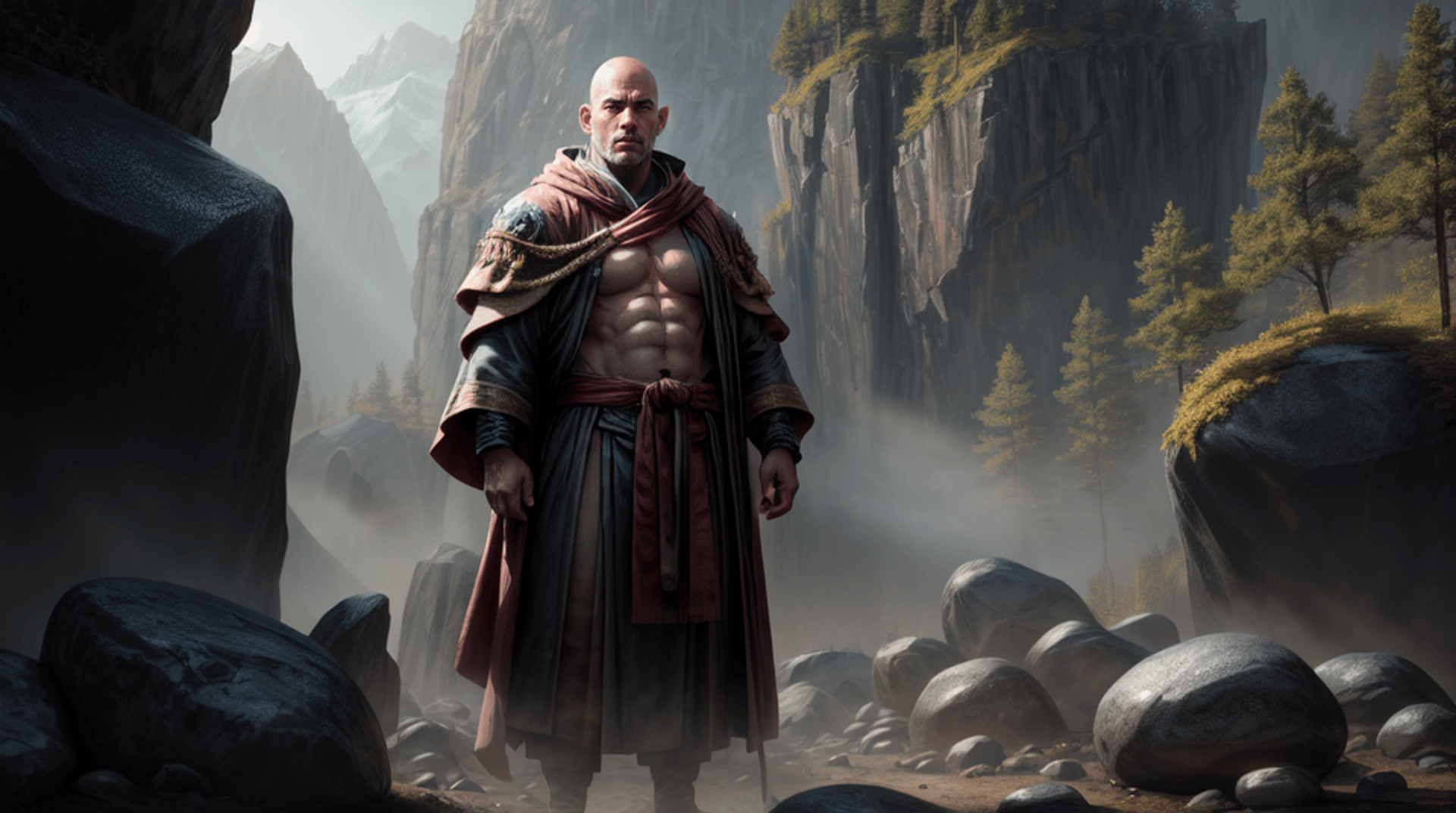 AI generated wallpaper featuring warrior, mountain, rocks