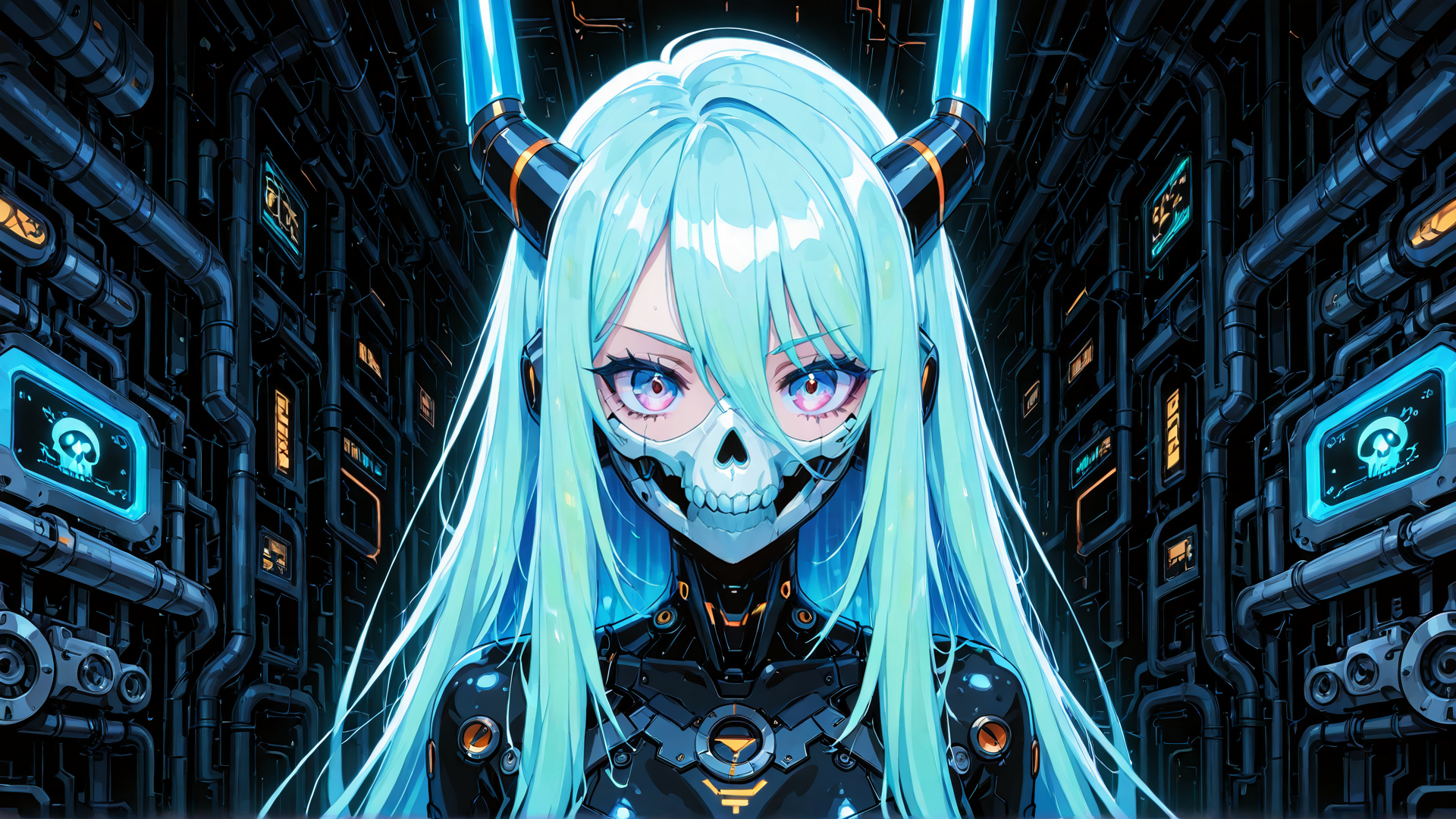 AI generated wallpaper featuring cybernetic, anime girl, skeleton mask, neon horns, mechanical outfit