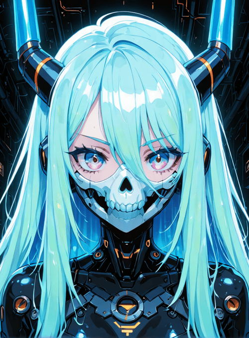 cybernetic, anime girl, skeleton mask, neon horns, mechanical outfit