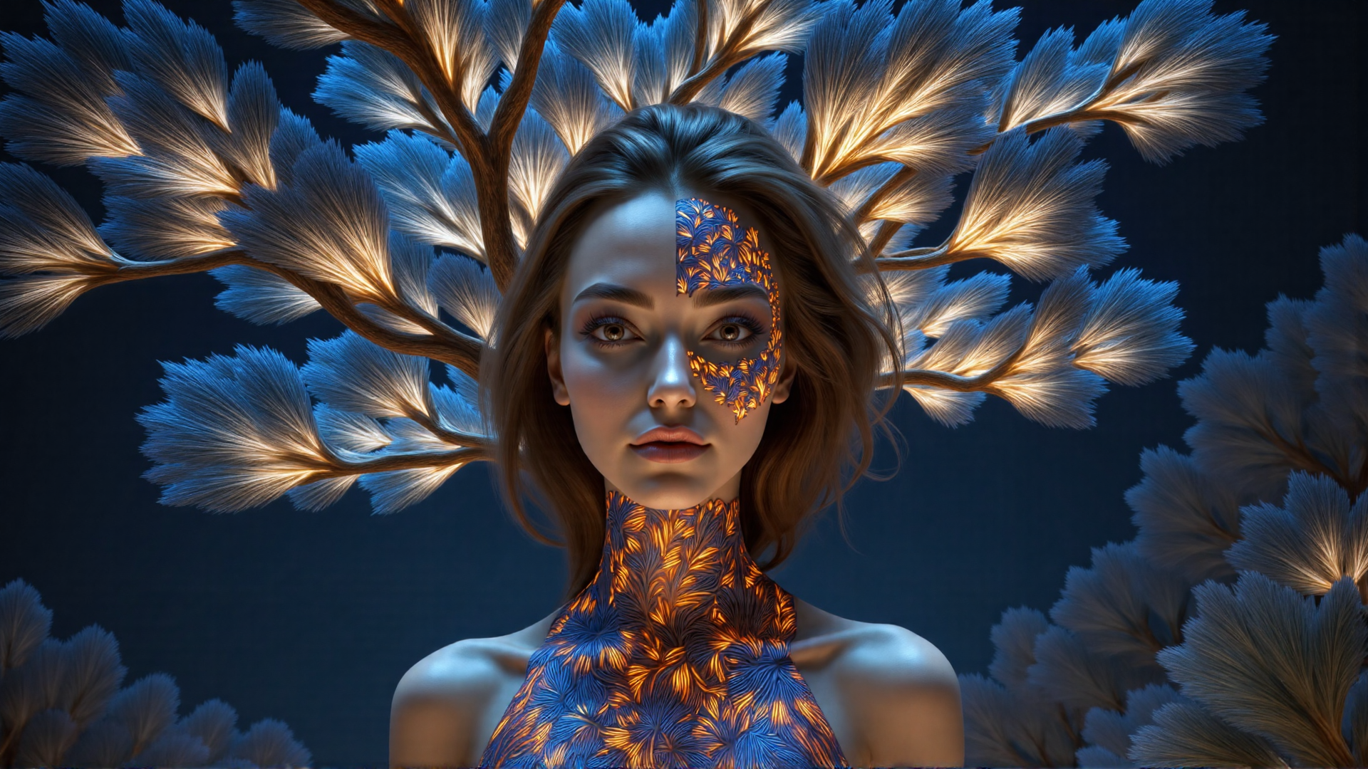 AI generated wallpaper featuring woman, tree, light, pattern, nature