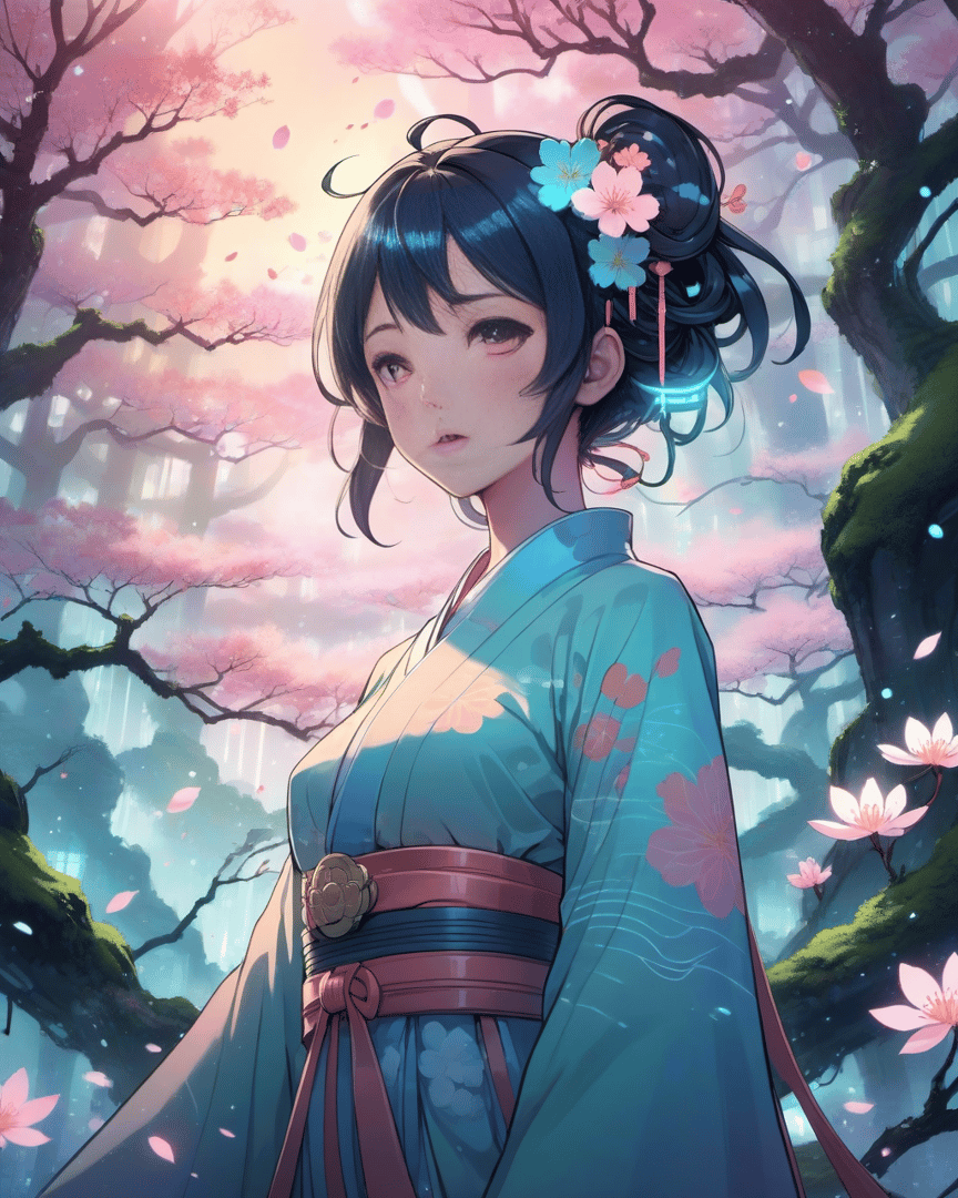 AI generated wallpaper featuring girl, kimono, cherry tree