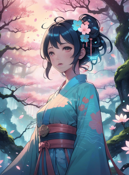 girl, kimono, cherry tree