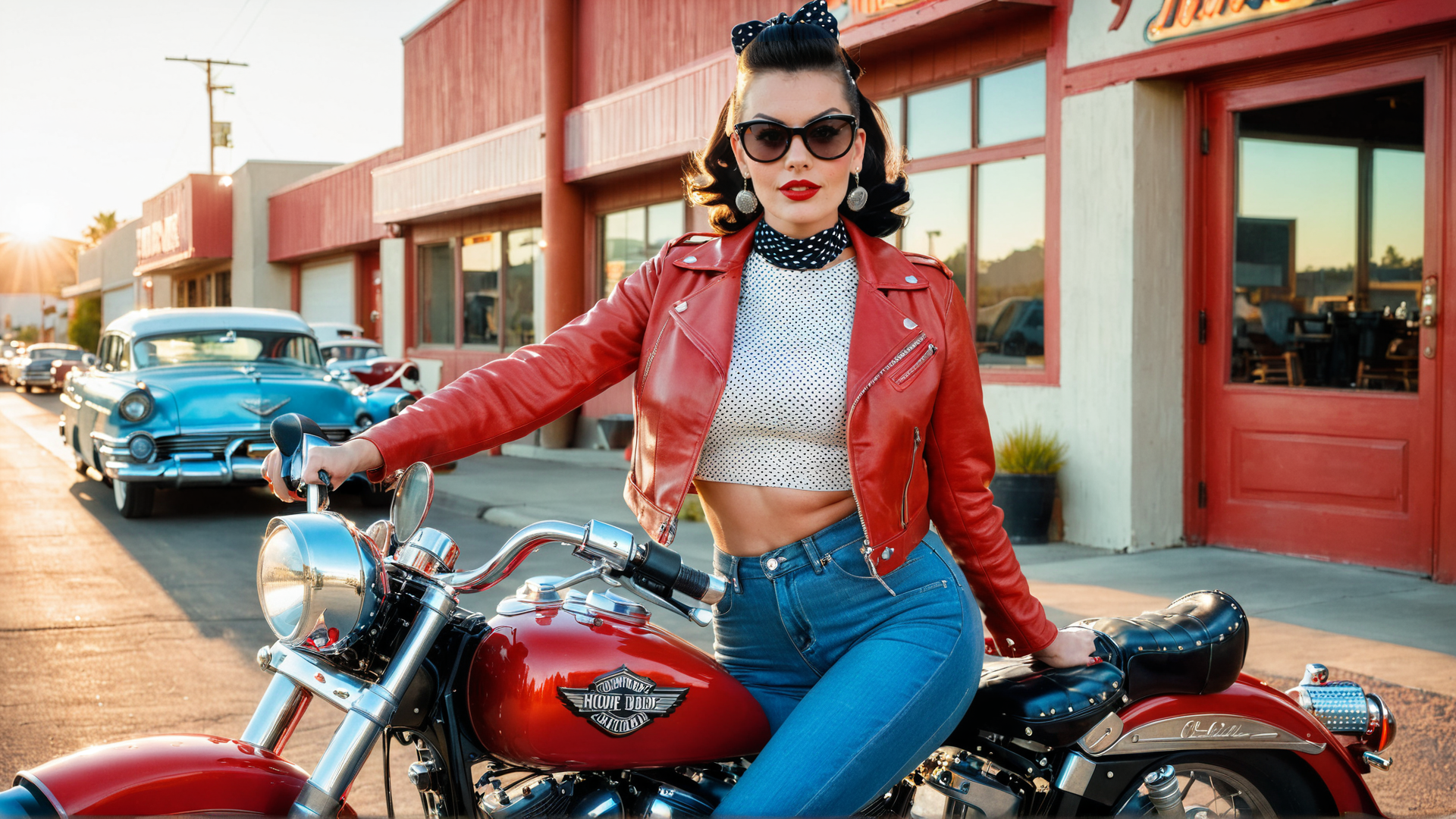 AI generated wallpaper featuring woman, motorcycle, car