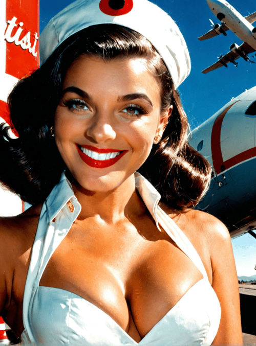 nurse, airplane, woman, uniform, propaganda, poster, pinup, airfield, flying, model