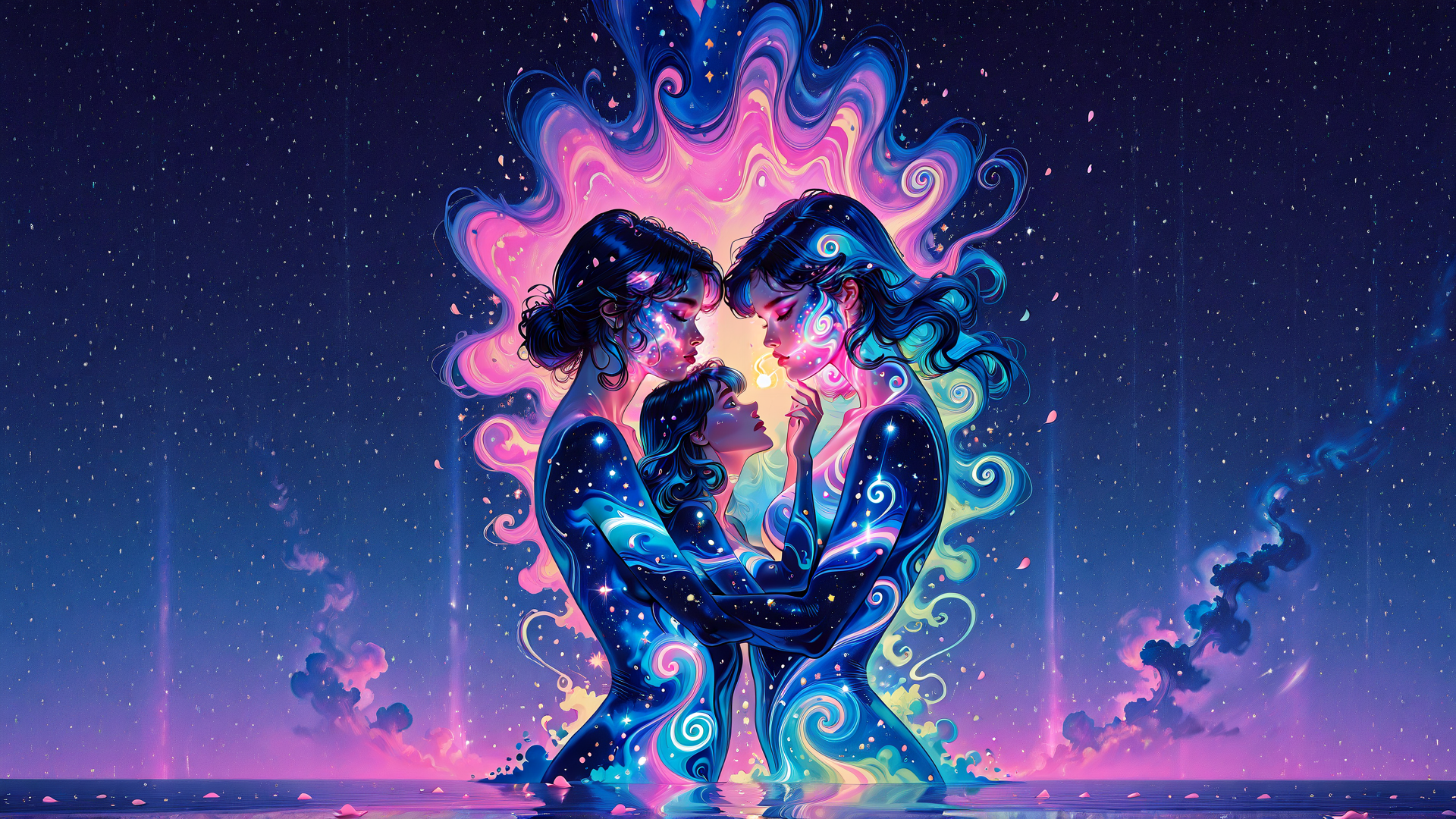 AI generated wallpaper featuring women, stars, cosmic, soul, love, nature, magic, galaxy, dream, embrace