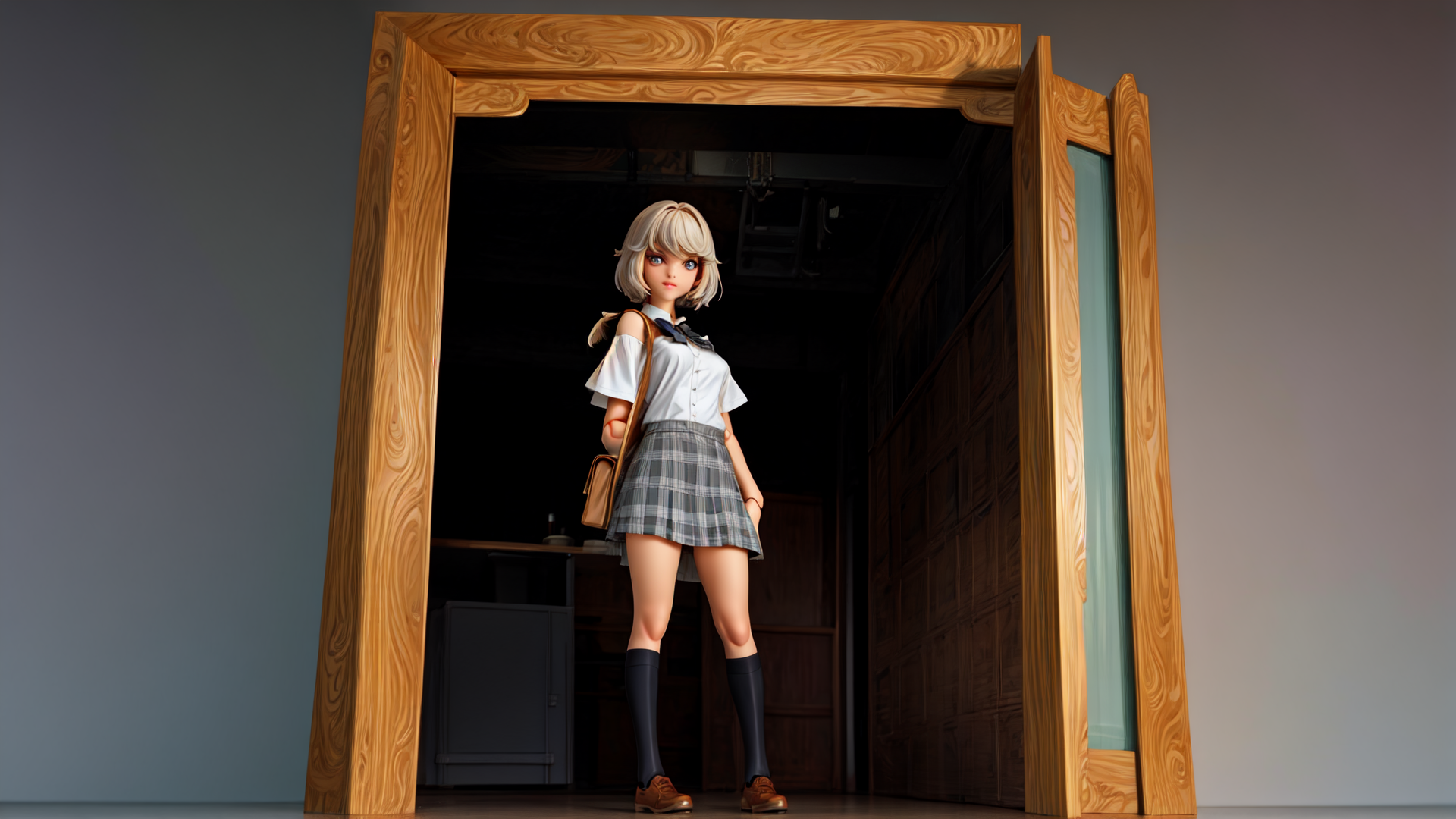 AI generated wallpaper featuring girl, student, school uniform, doorway, anime character