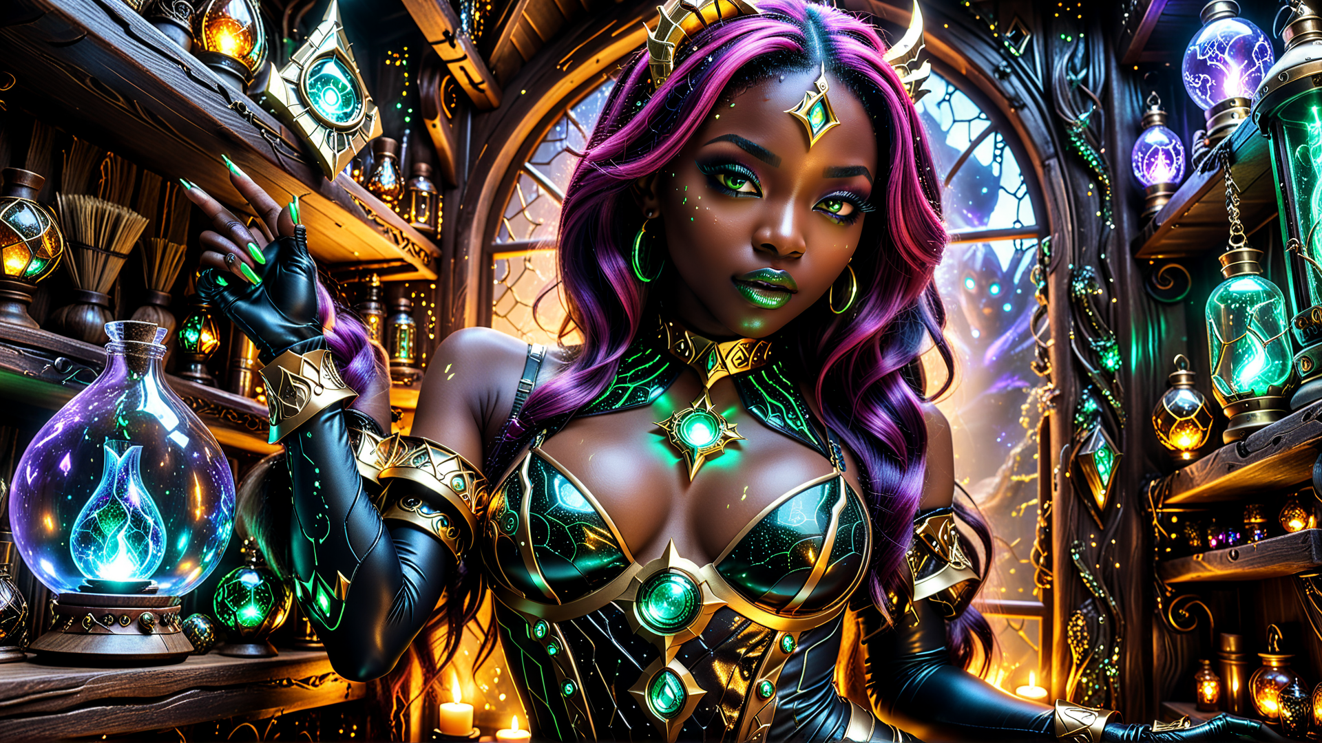 AI generated wallpaper featuring woman, mage, witch, alchemist, magic, laboratory, gloves, crown, pendant, bottle