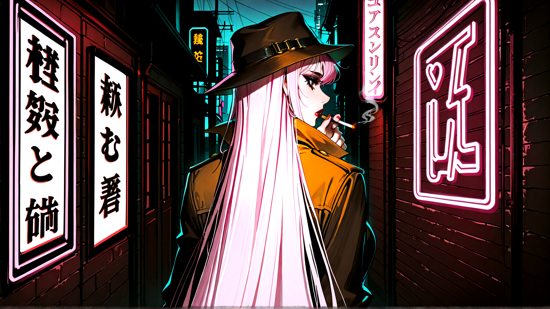 AI generated wallpaper featuring woman, hat, cigarette, neon sign, long hair, coat, alley, building, signboard, city