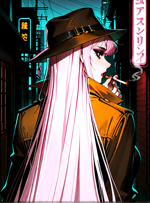 woman, hat, cigarette, neon sign, long hair, coat, alley, building, signboard, city