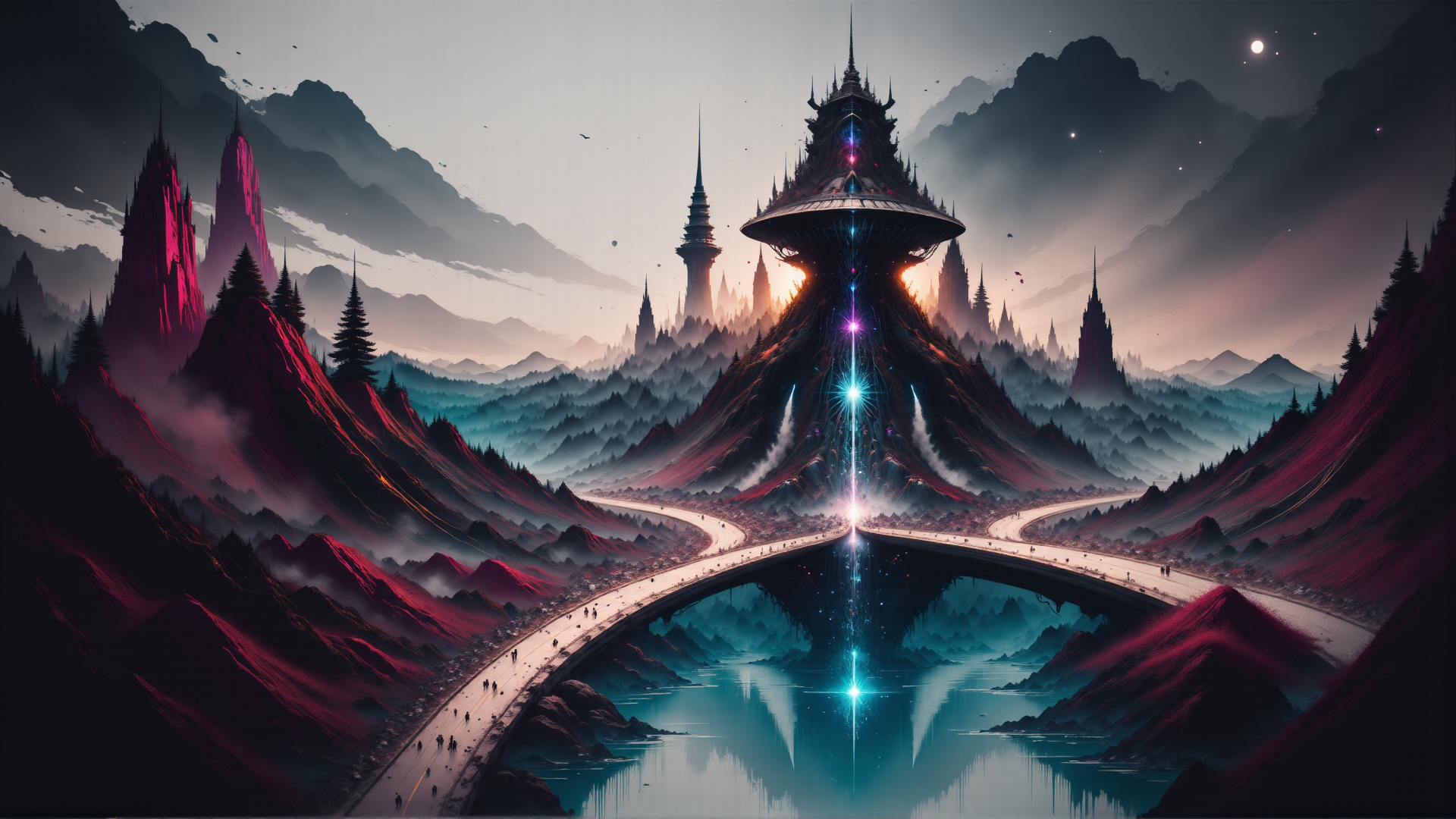 AI generated wallpaper featuring castle, mountain, road, lake, city, tower, forest, flying saucer, sun, cloud