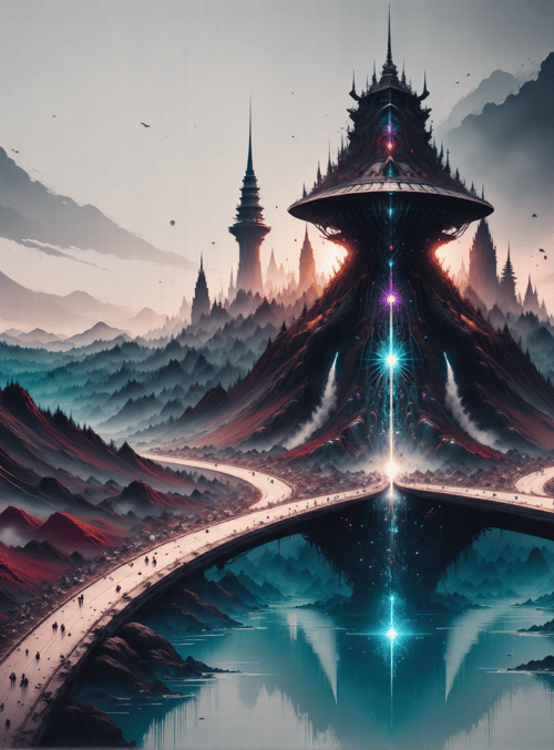 castle, mountain, road, lake, city, tower, forest, flying saucer, sun, cloud