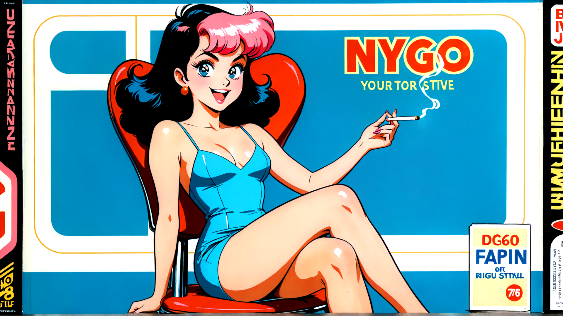 AI generated wallpaper featuring woman, cigarette, chair, dress, sitting, advertisement, text, smoke, hair, earring