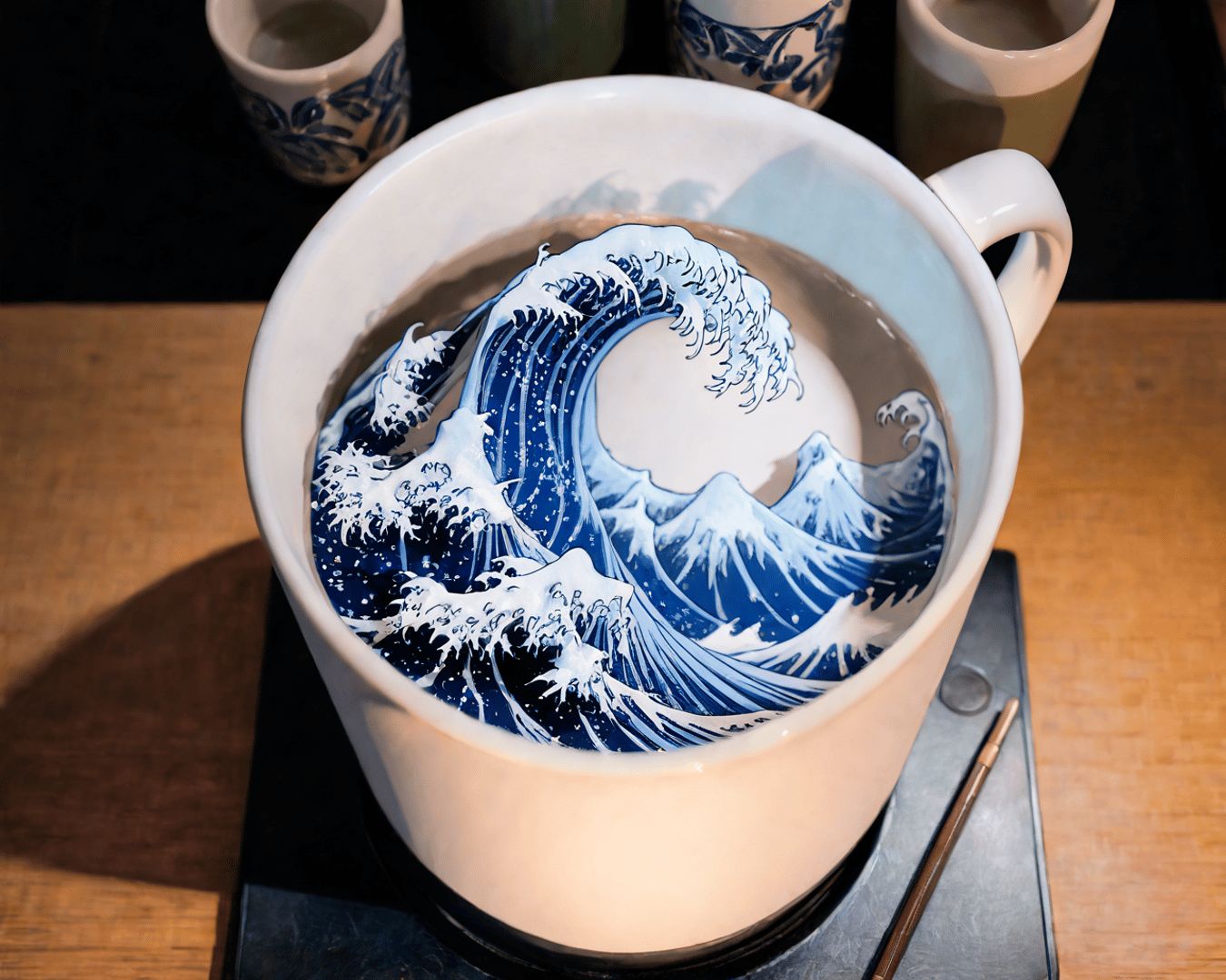 AI generated wallpaper featuring cup, wave, mountain