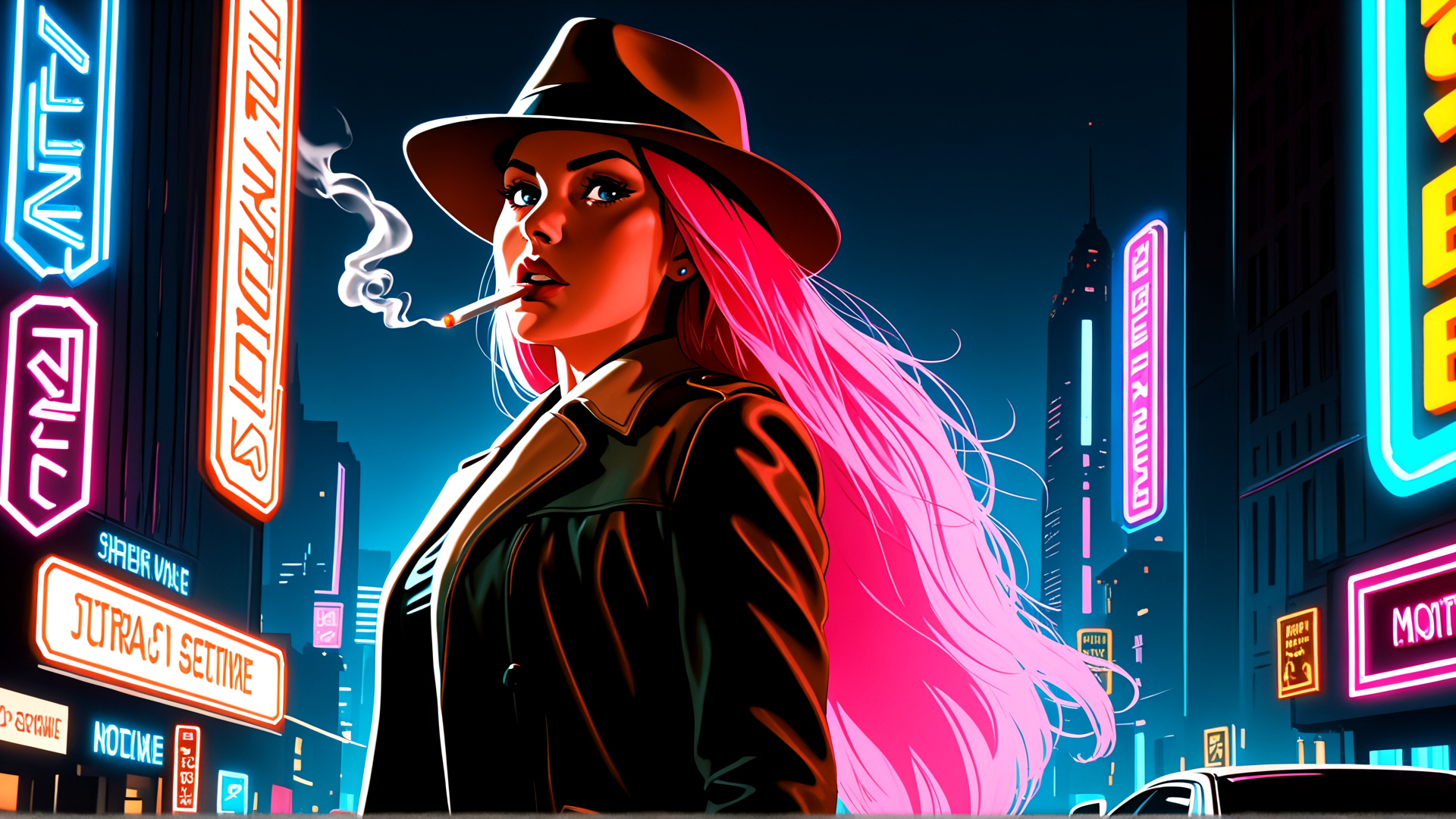 AI generated wallpaper featuring woman, neon, city, hat, cigarette, pink hair, jacket